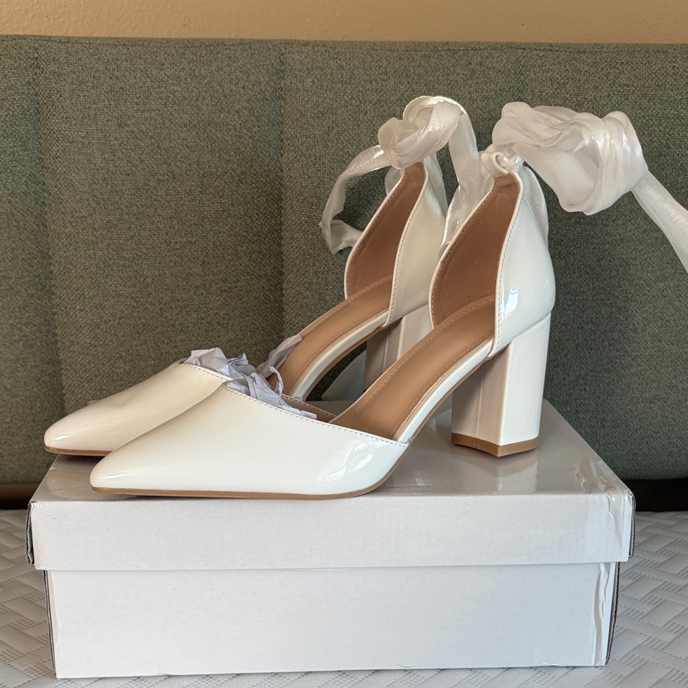 Elegant White Block Heel Pumps